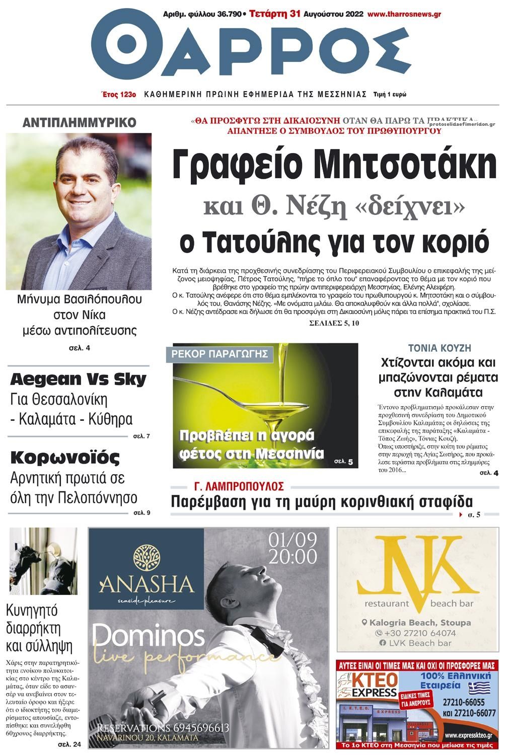 Πρωτοσέλιδο εφημερίδας Θάρρος Μεσσηνίας