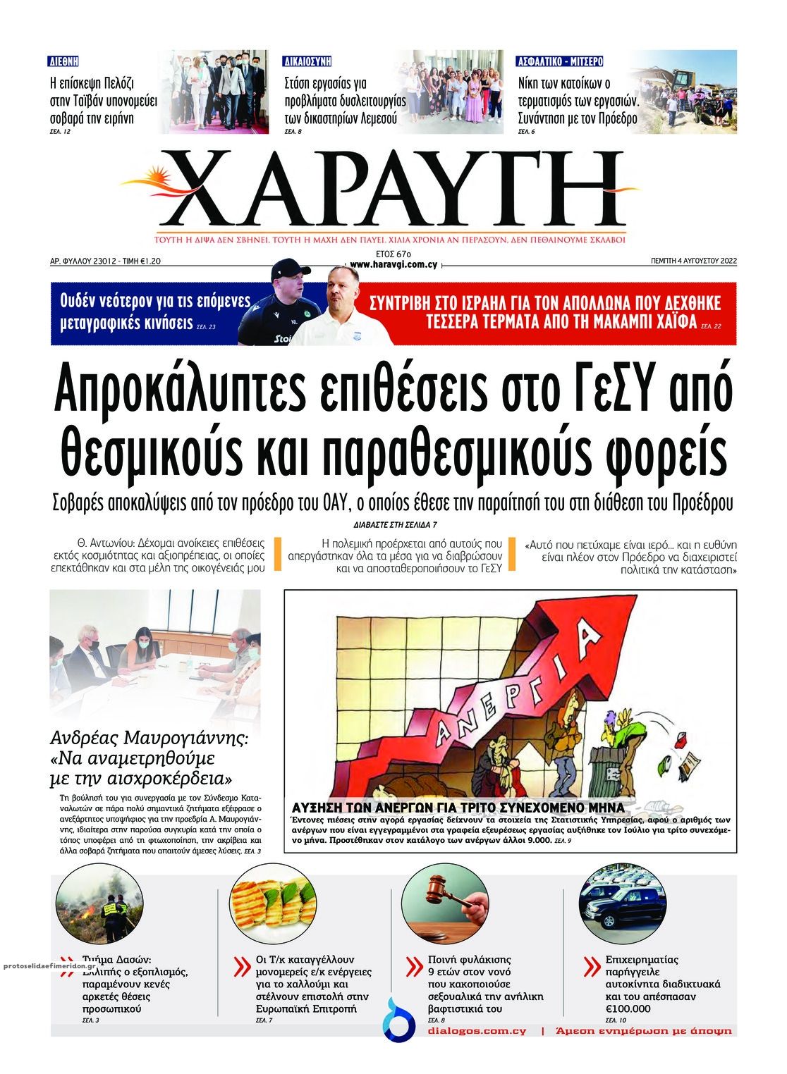 Πρωτοσέλιδο εφημερίδας Χαραυγή Κυπρου