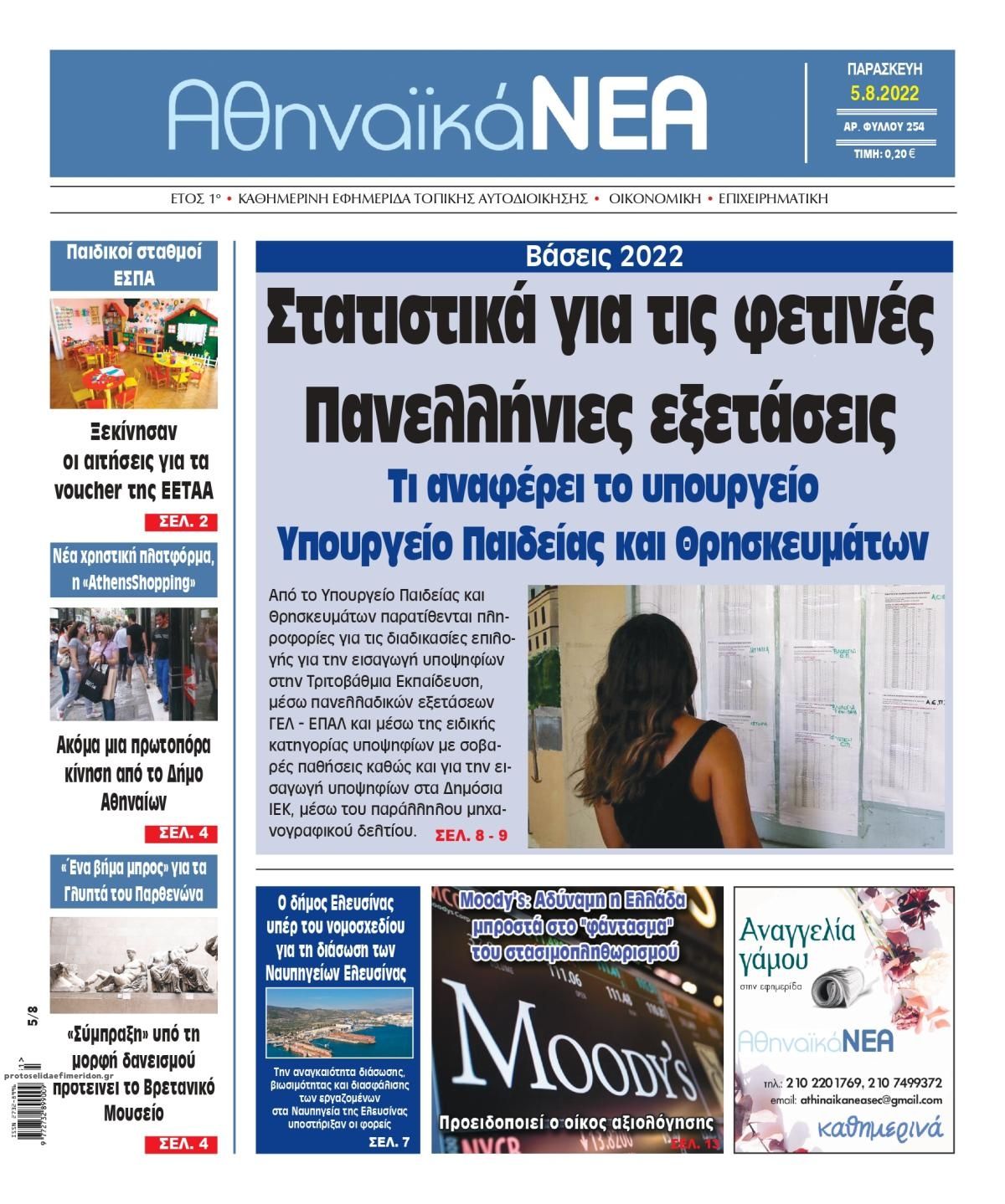 Πρωτοσέλιδο εφημερίδας Αθηναϊκά Νέα