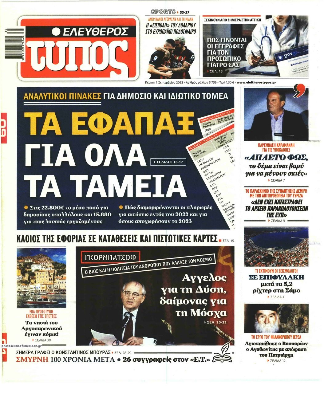 Πρωτοσέλιδο εφημερίδας Ελεύθερος Τύπος