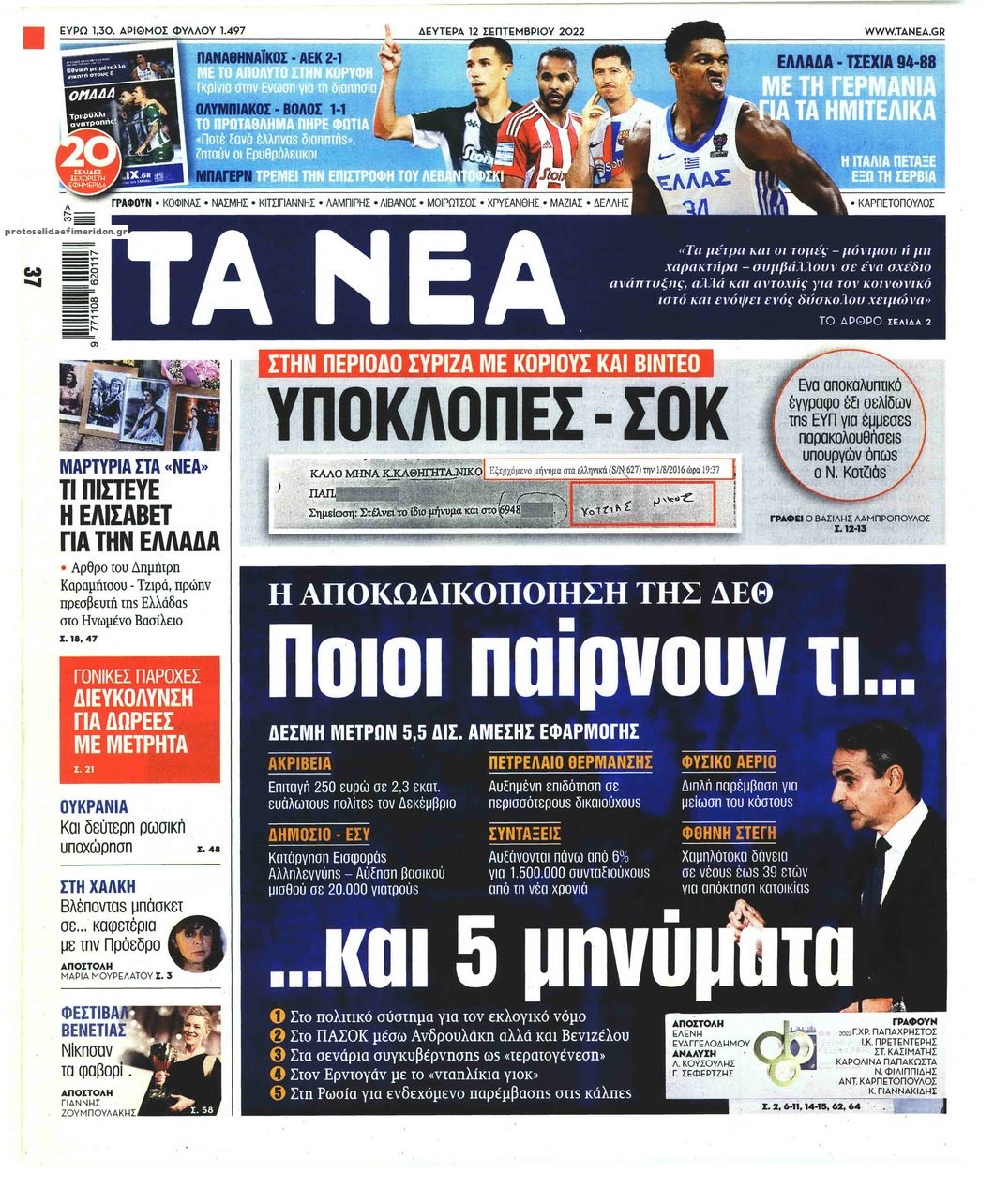 Πρωτοσέλιδο εφημερίδας Τα Νέα