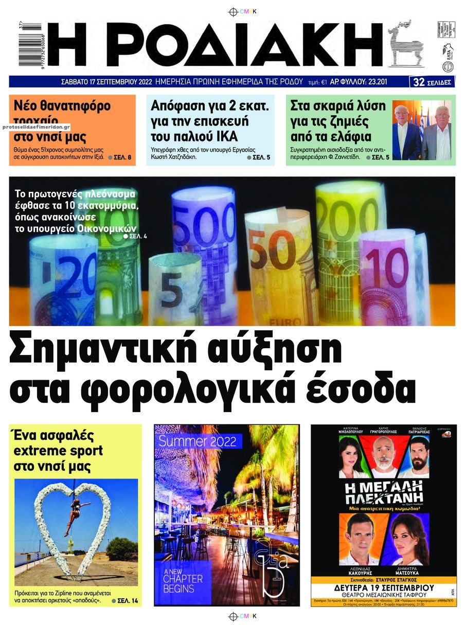 Πρωτοσέλιδο εφημερίδας Ροδιακή