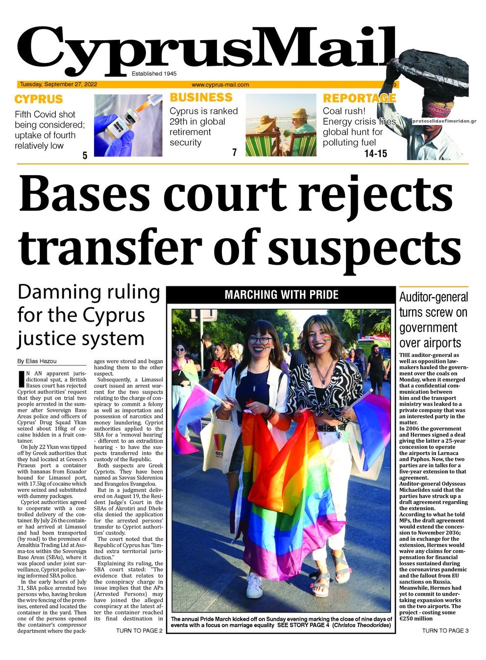 Πρωτοσέλιδο εφημερίδας Cyprus Mail