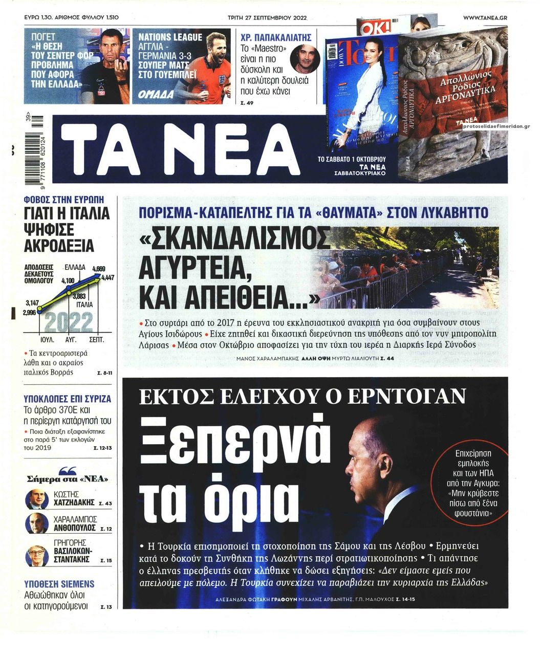 Πρωτοσέλιδο εφημερίδας Τα Νέα