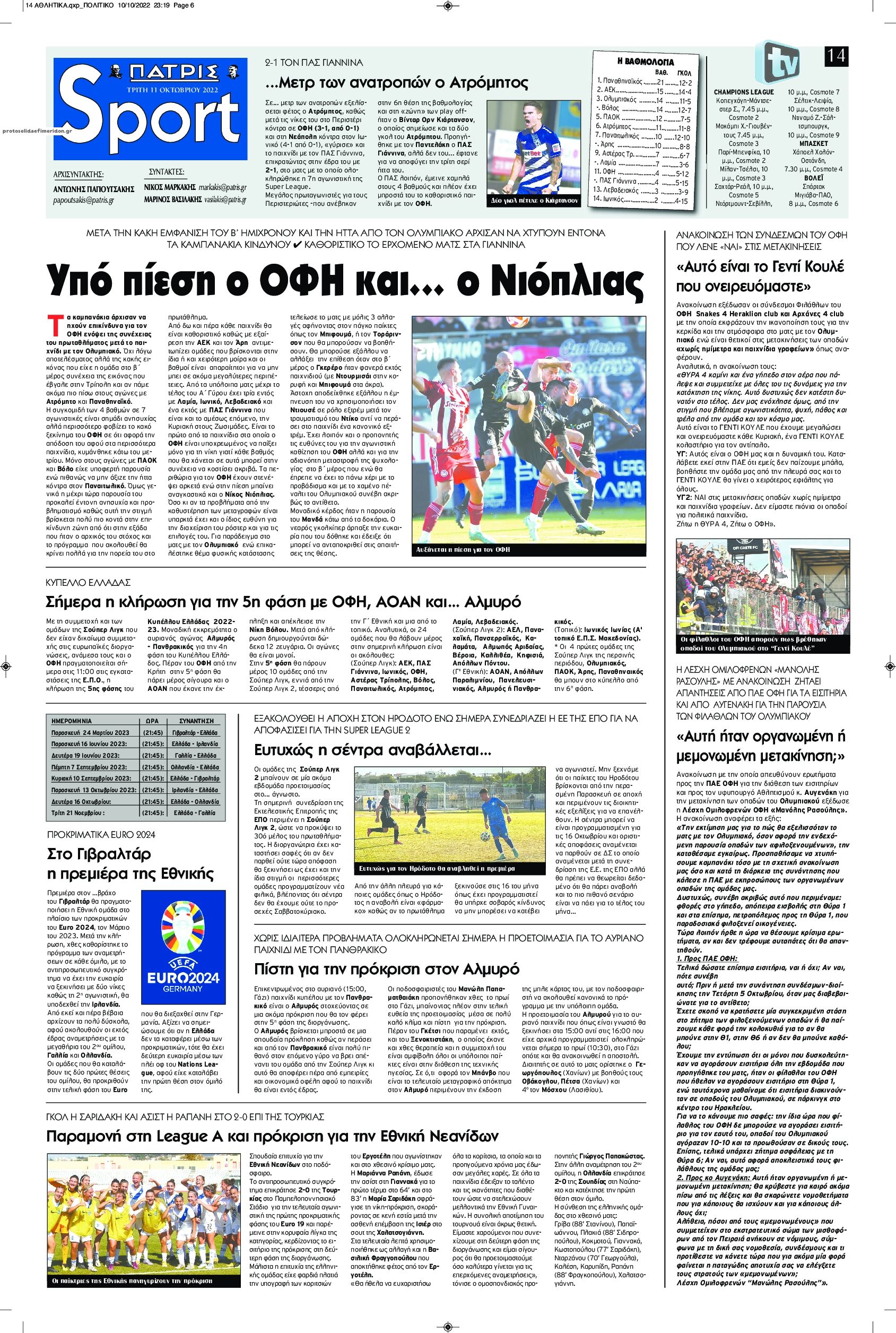 Πρωτοσέλιδο εφημερίδας Πατρίς Σπορ