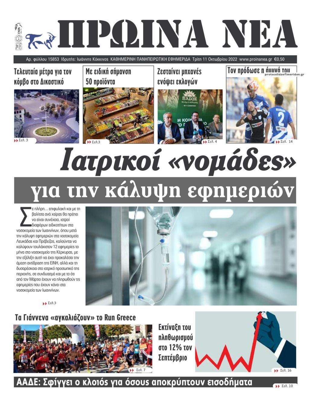 Πρωτοσέλιδο εφημερίδας Πρωινά Νέα Ιωαννίνων