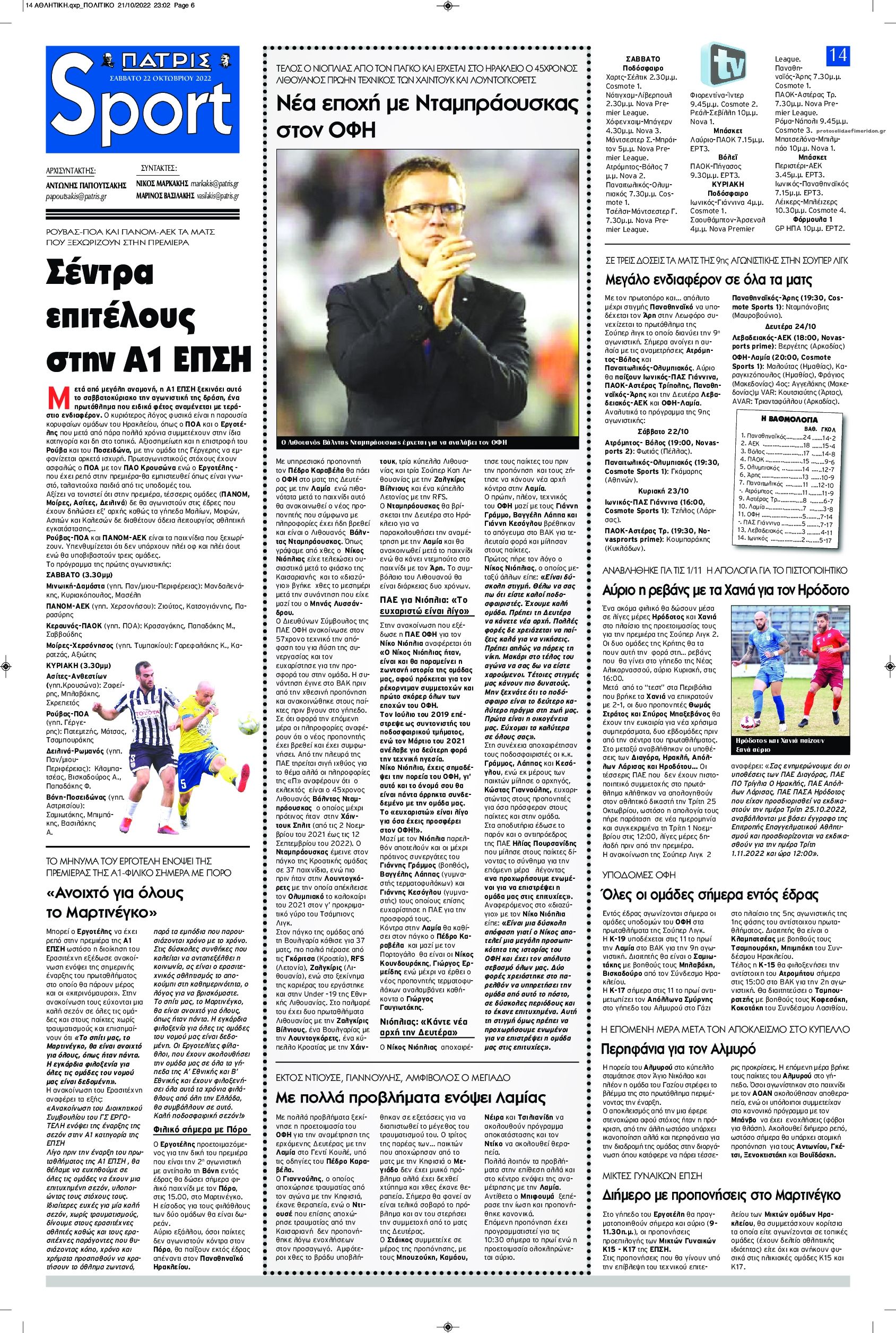 Πρωτοσέλιδο εφημερίδας Πατρίς Σπορ