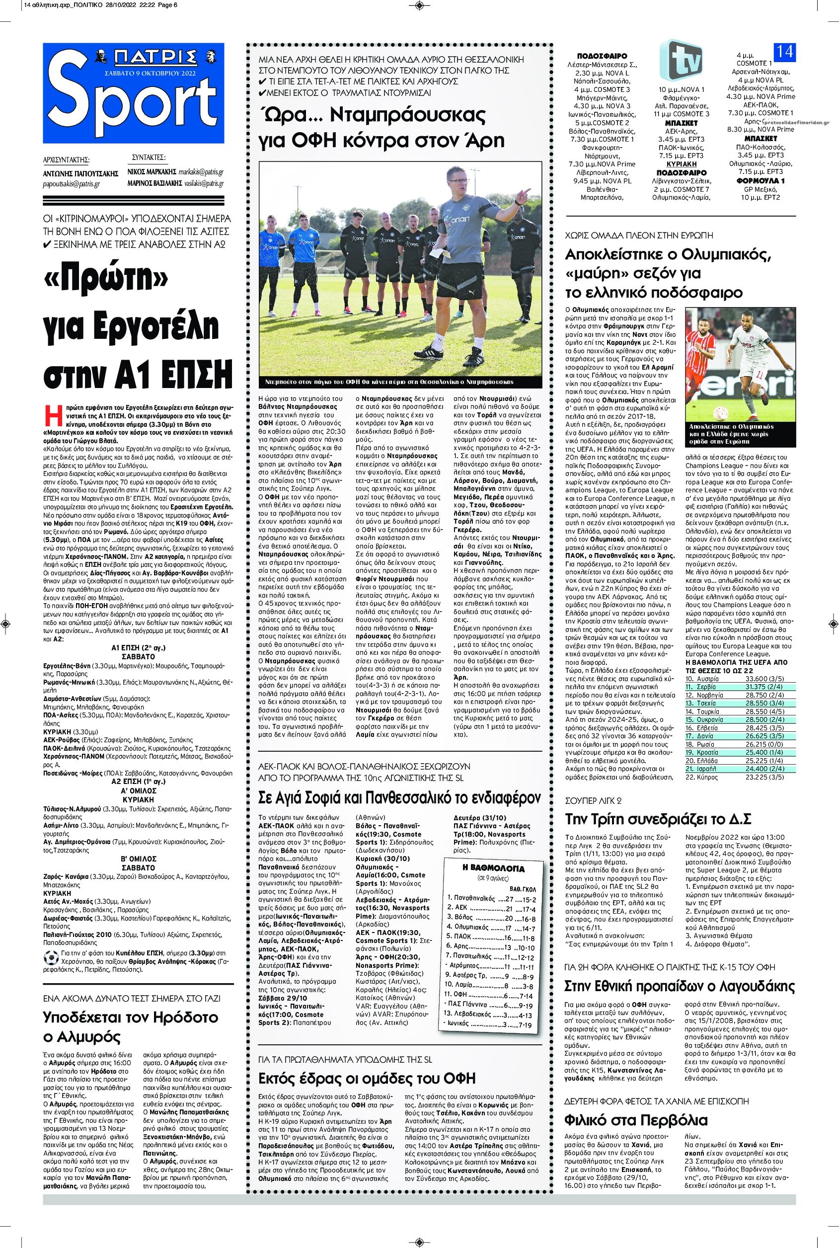 Πρωτοσέλιδο εφημερίδας Πατρίς Σπορ