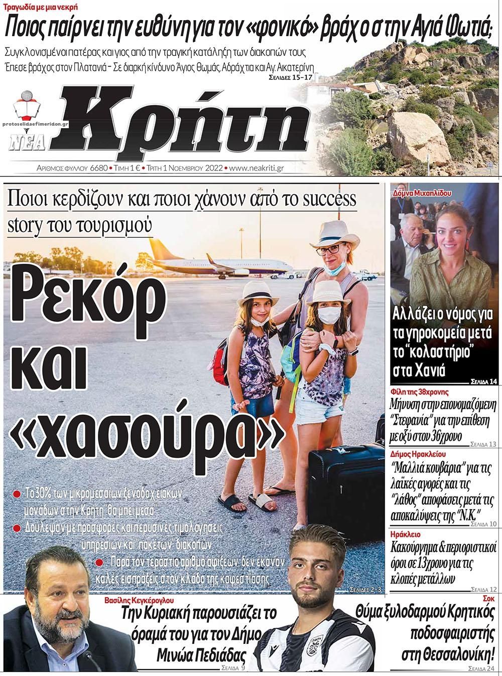 Πρωτοσέλιδο εφημερίδας Νέα Κρήτη