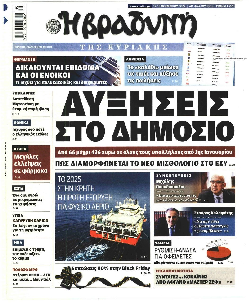 Πρωτοσέλιδο εφημερίδας Βραδυνή Κ.