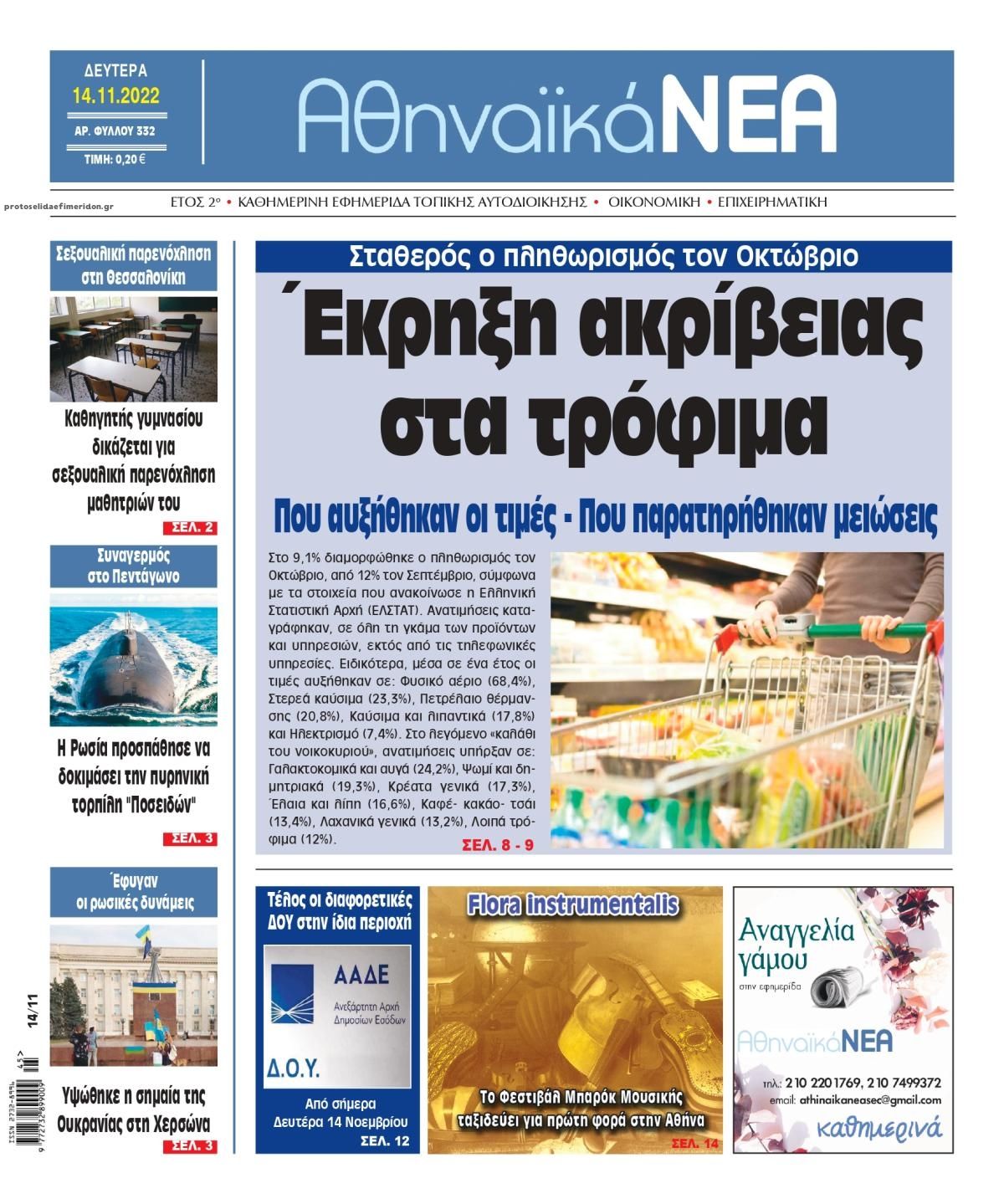 Πρωτοσέλιδο εφημερίδας Αθηναϊκά Νέα
