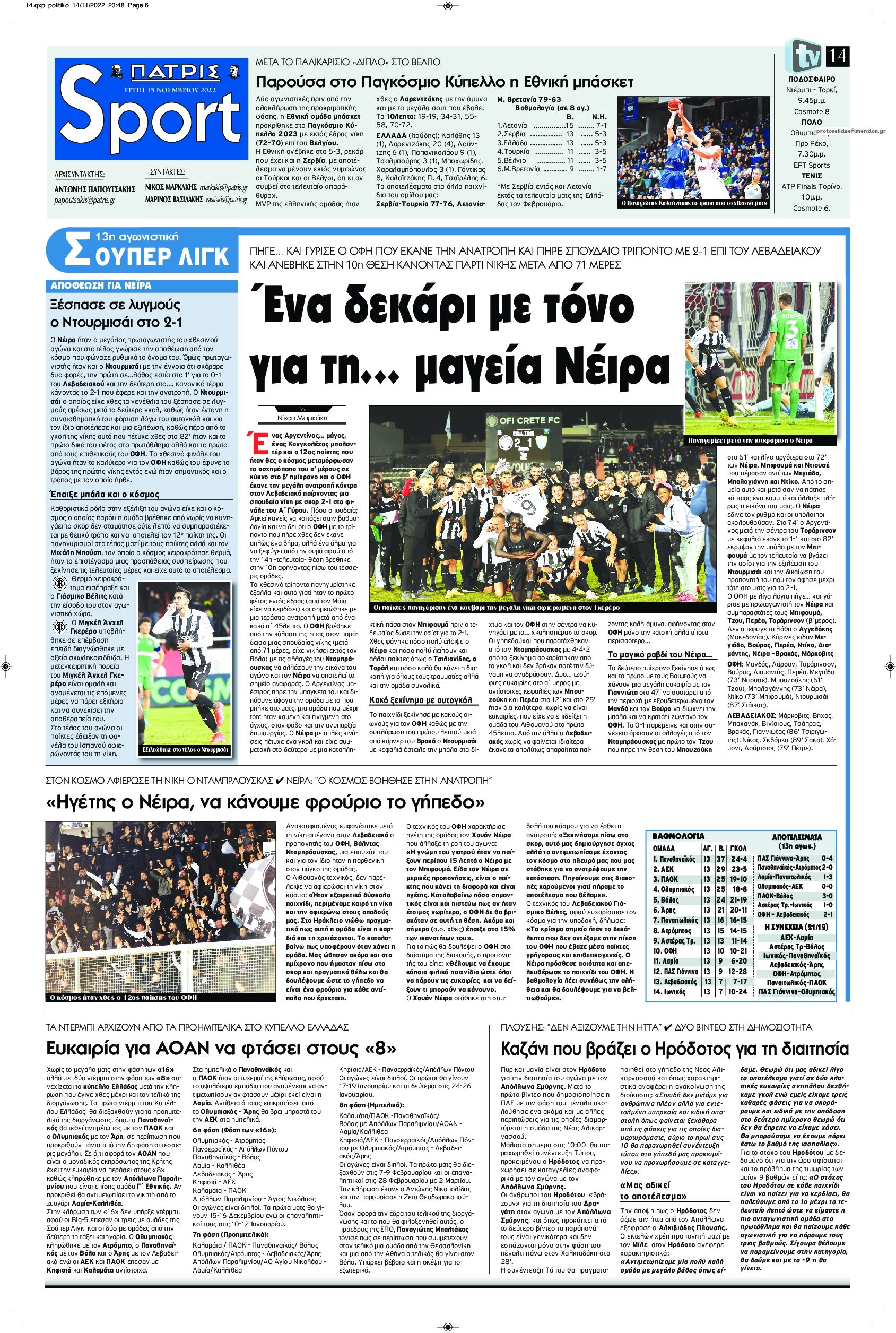 Πρωτοσέλιδο εφημερίδας Πατρίς Σπορ