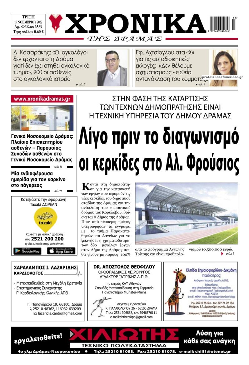 Πρωτοσέλιδο εφημερίδας Χρονικά Δράμας