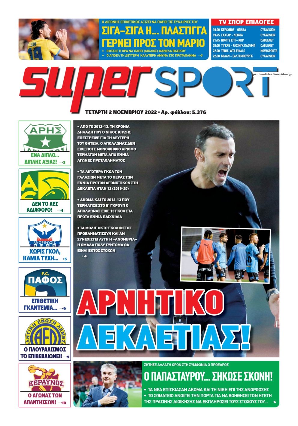 Πρωτοσέλιδο εφημερίδας Αλήθεια Κύπρου supersport
