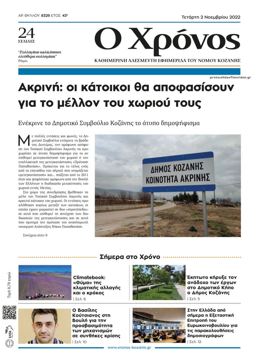 Πρωτοσέλιδο εφημερίδας Ο Χρόνος Κοζάνης