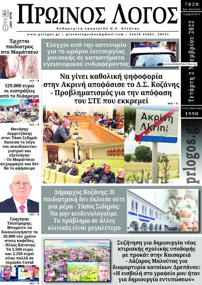 Πρωτοσέλιδο εφημερίδας Πρωινός λόγος Κοζάνης