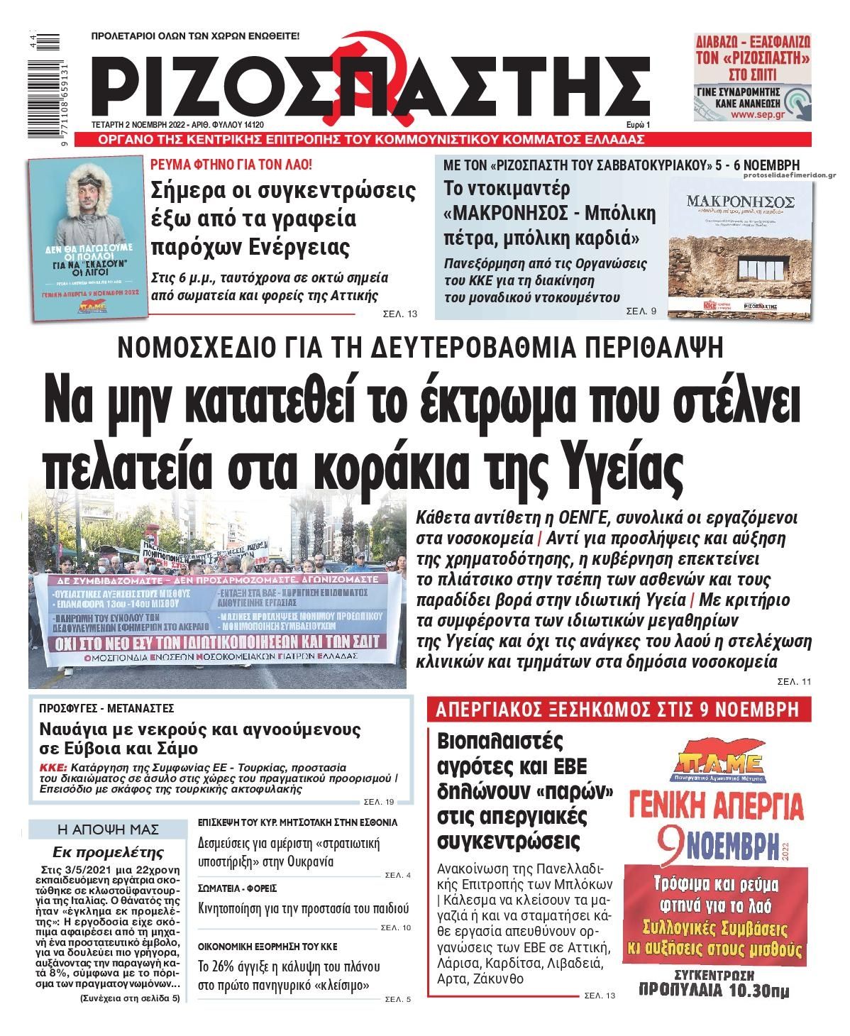 Πρωτοσέλιδο εφημερίδας Ριζοσπάστης