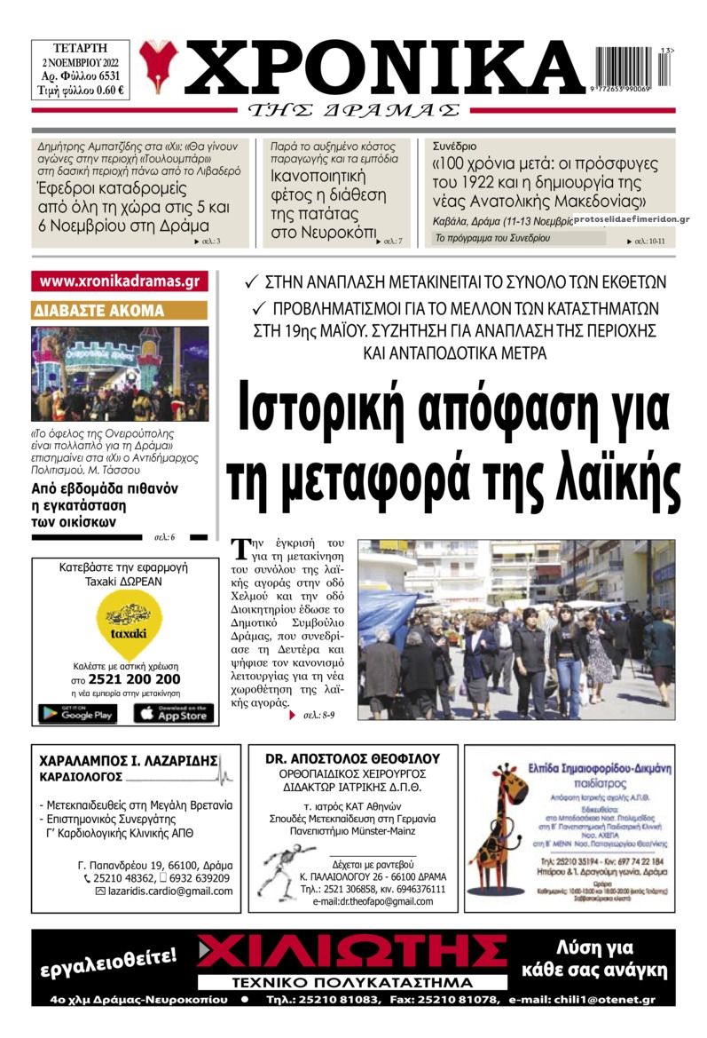 Πρωτοσέλιδο εφημερίδας Χρονικά Δράμας
