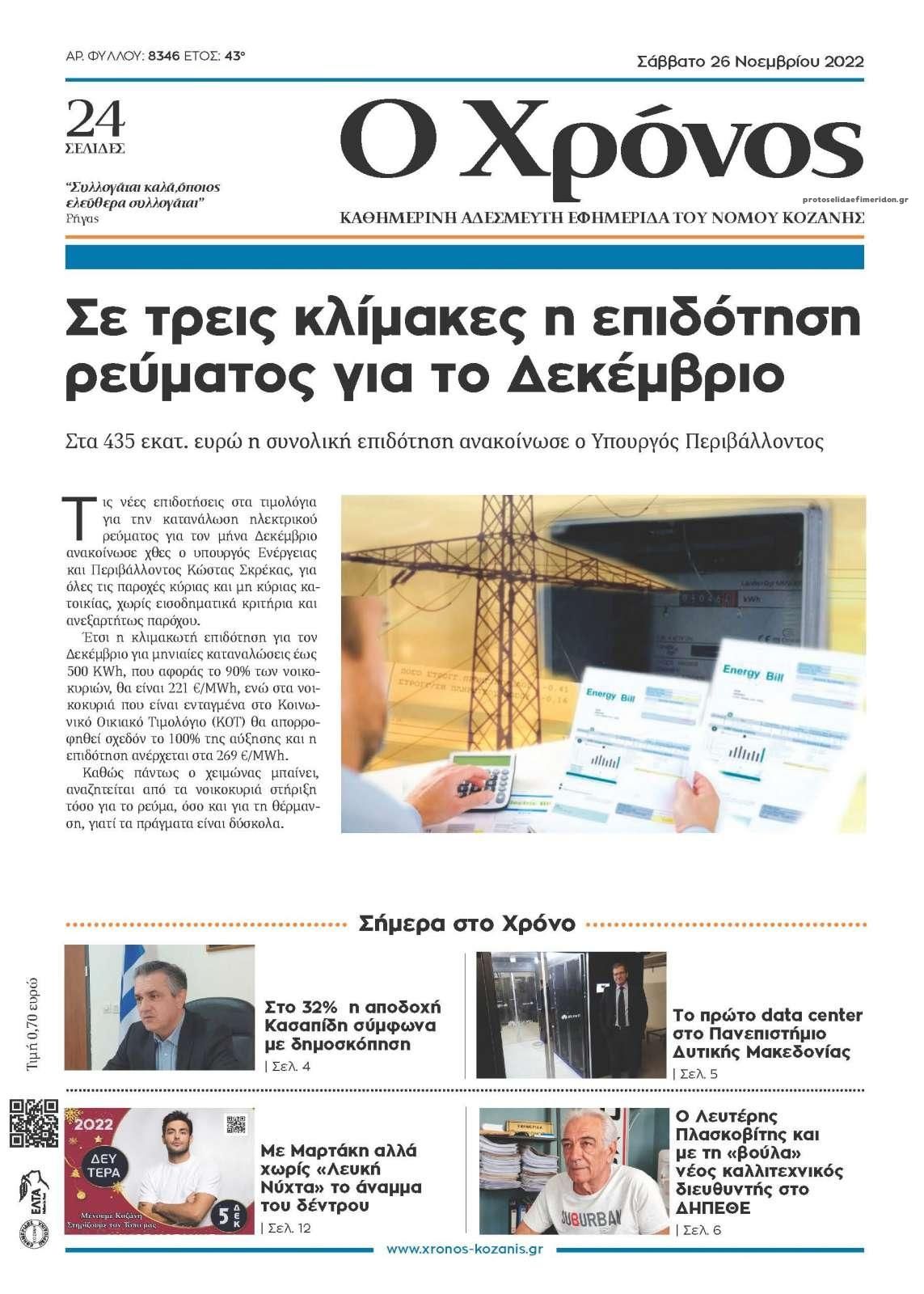 Πρωτοσέλιδο εφημερίδας Ο Χρόνος Κοζάνης