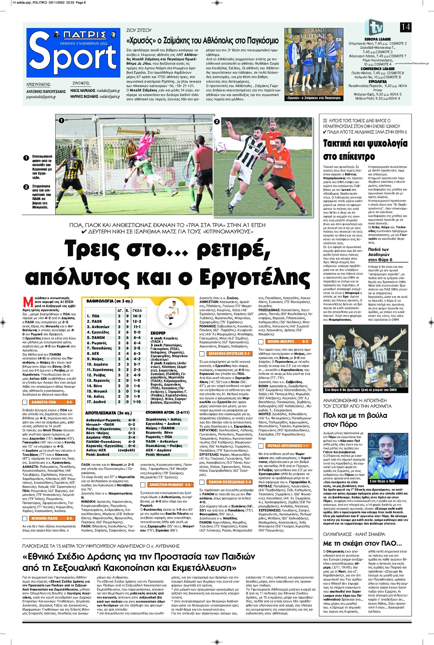 Πρωτοσέλιδο εφημερίδας Πατρίς Σπορ