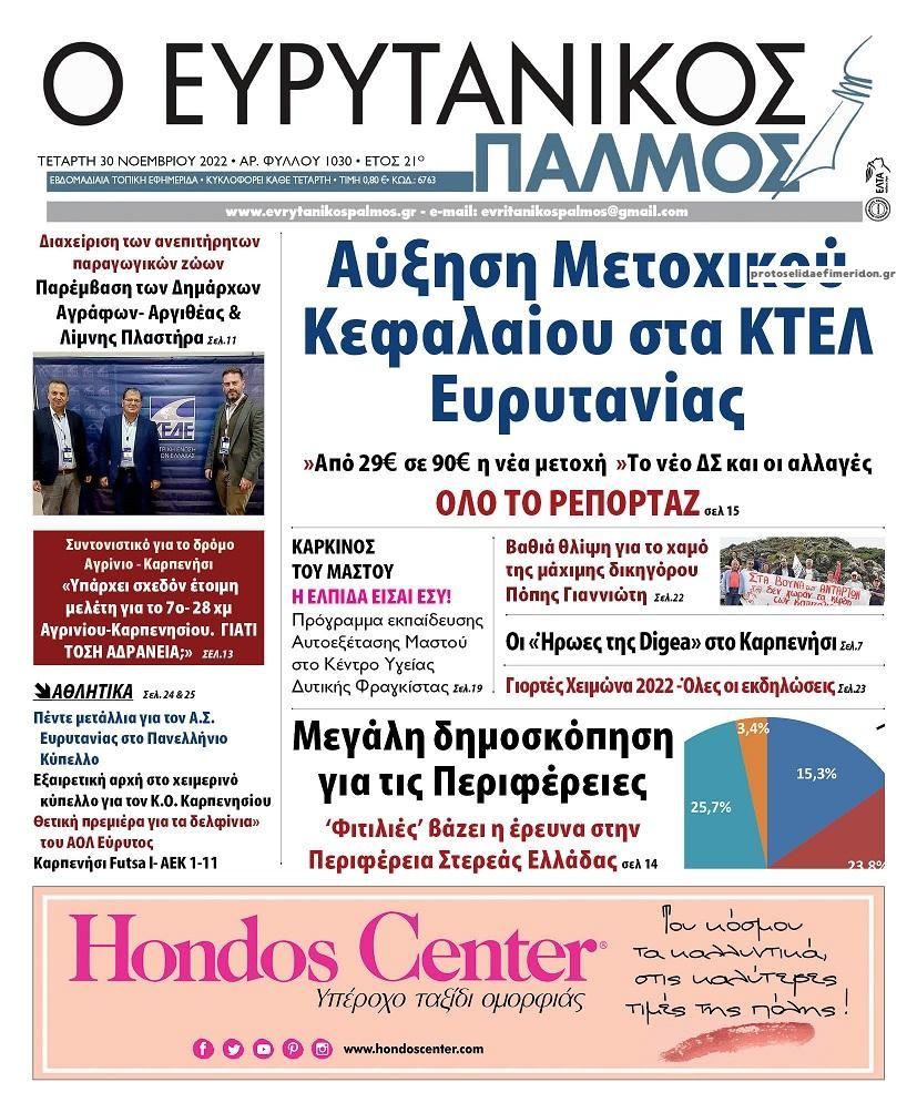 Πρωτοσέλιδο εφημερίδας Ευρυτανικός Παλμός