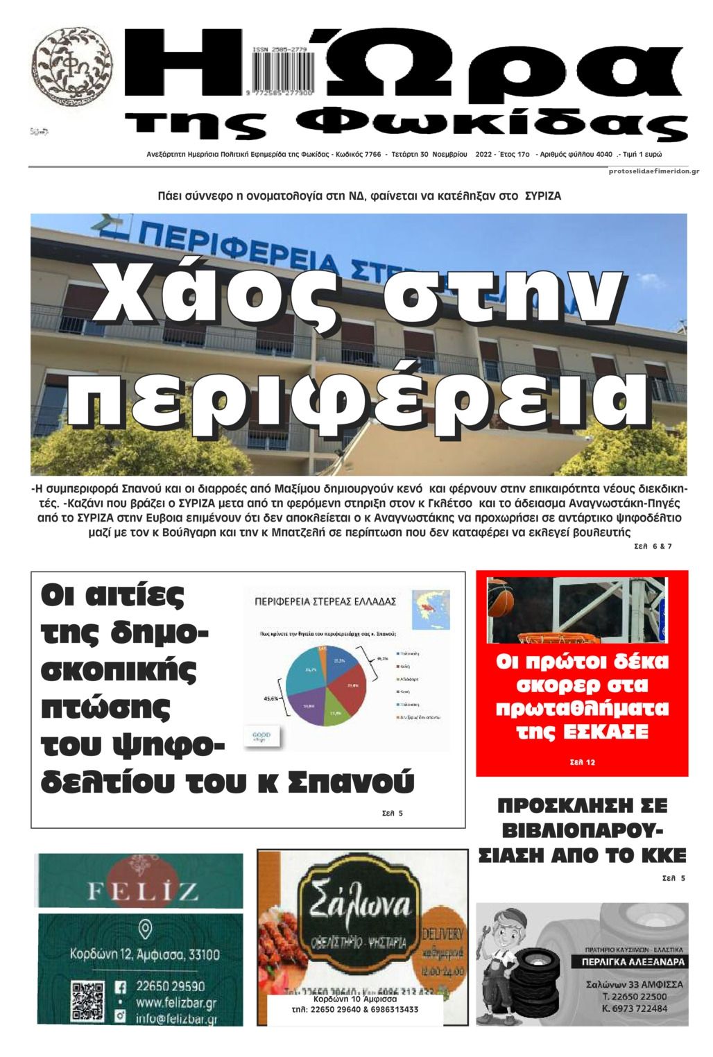 Πρωτοσέλιδο εφημερίδας Η Ώρα της Φωκίδας