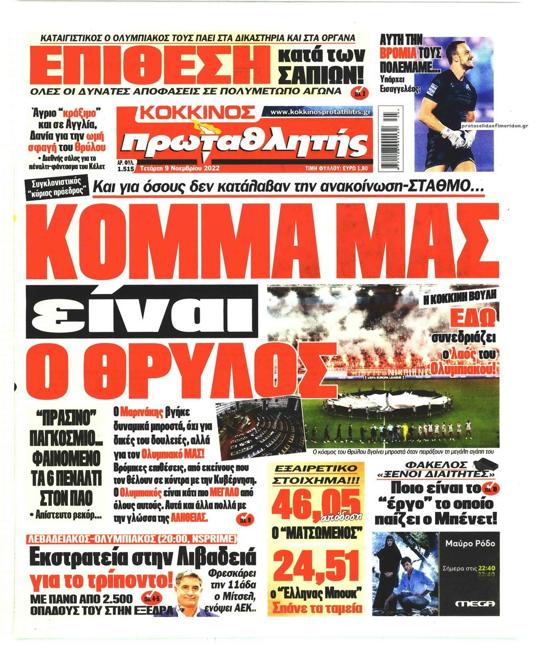 Πρωτοσέλιδο εφημερίδας Κόκκινος Πρωταθλητής