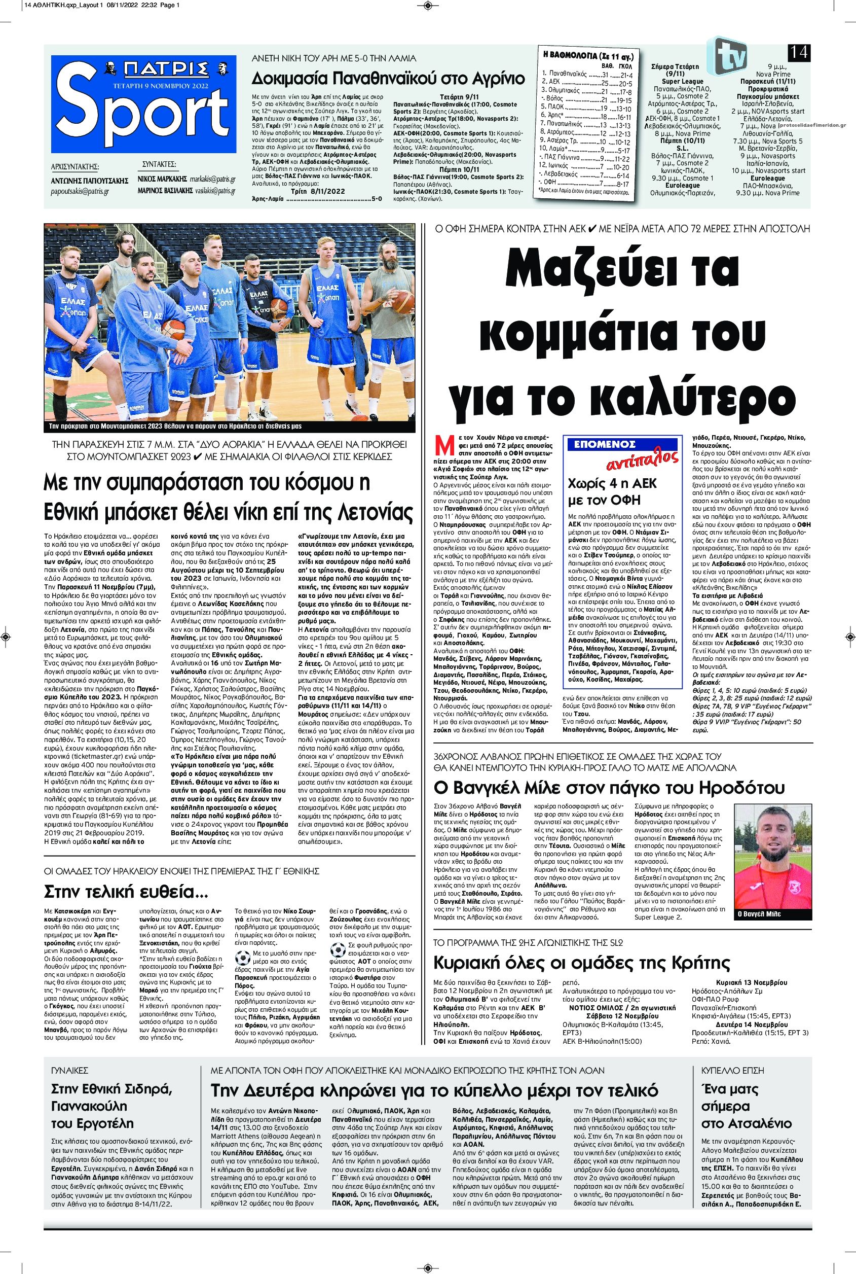 Πρωτοσέλιδο εφημερίδας Πατρίς Σπορ