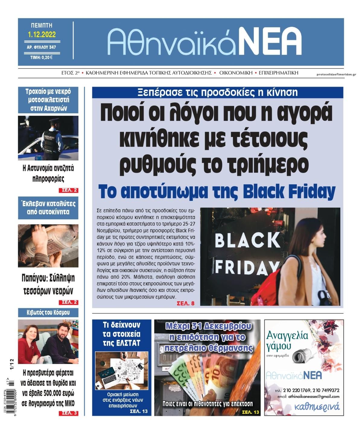 Πρωτοσέλιδο εφημερίδας Αθηναϊκά Νέα