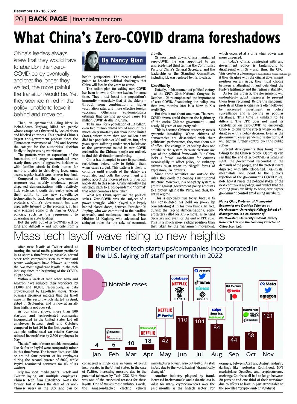 Οπισθόφυλλο εφημερίδας Financial Mirror Kύπρου