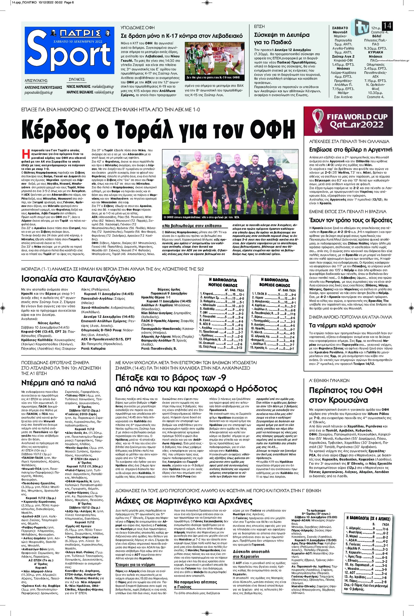 Πρωτοσέλιδο εφημερίδας Πατρίς Σπορ