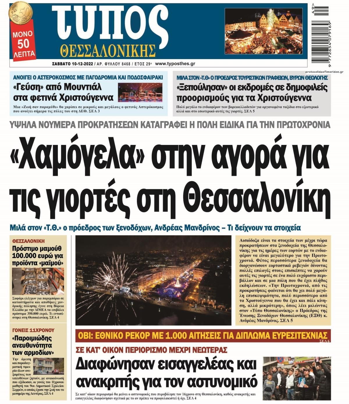 Πρωτοσέλιδο εφημερίδας Τύπος Θεσσαλονίκης