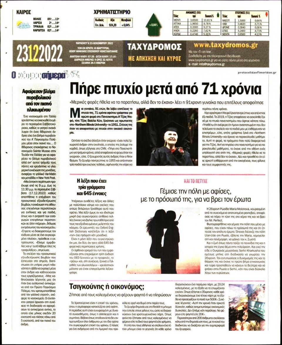 Οπισθόφυλλο εφημερίδας Ταχυδρόμος