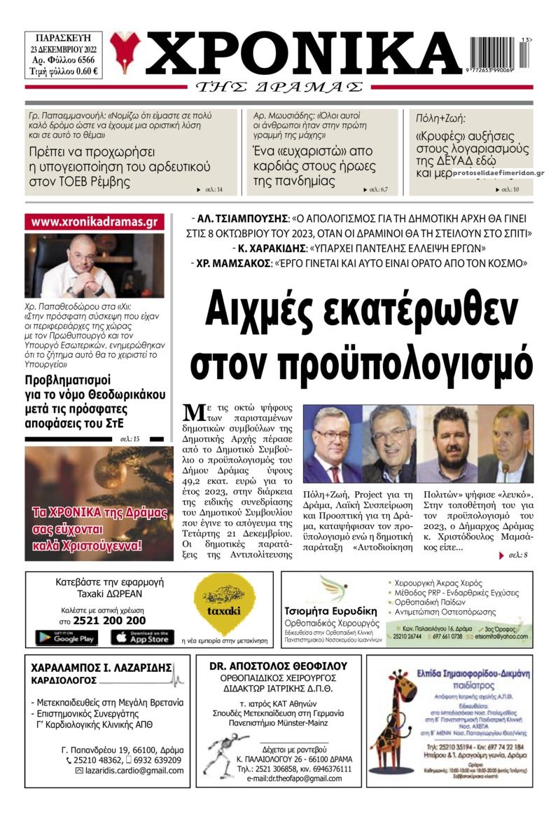 Πρωτοσέλιδο εφημερίδας Χρονικά Δράμας