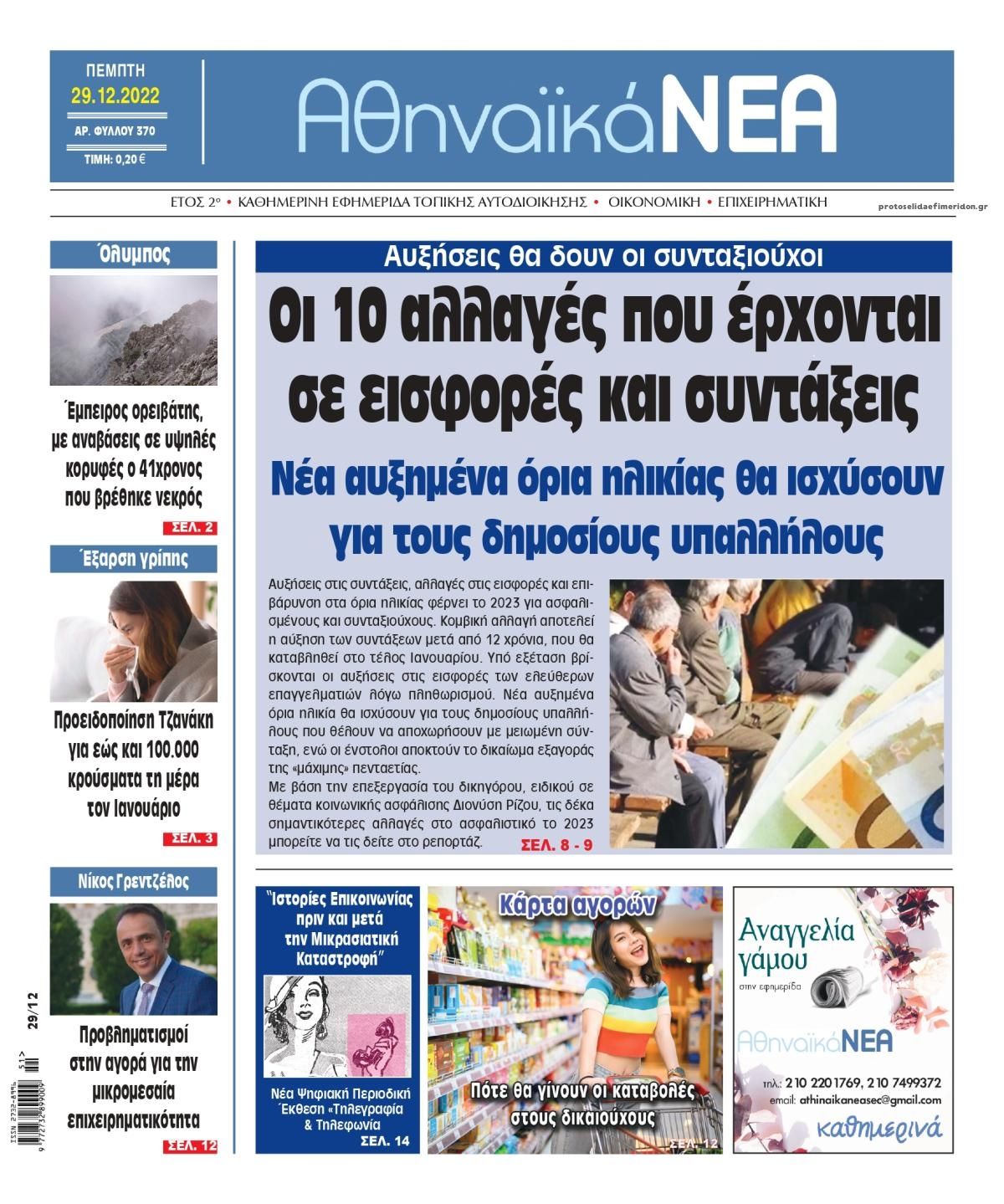 Πρωτοσέλιδο εφημερίδας Αθηναϊκά Νέα