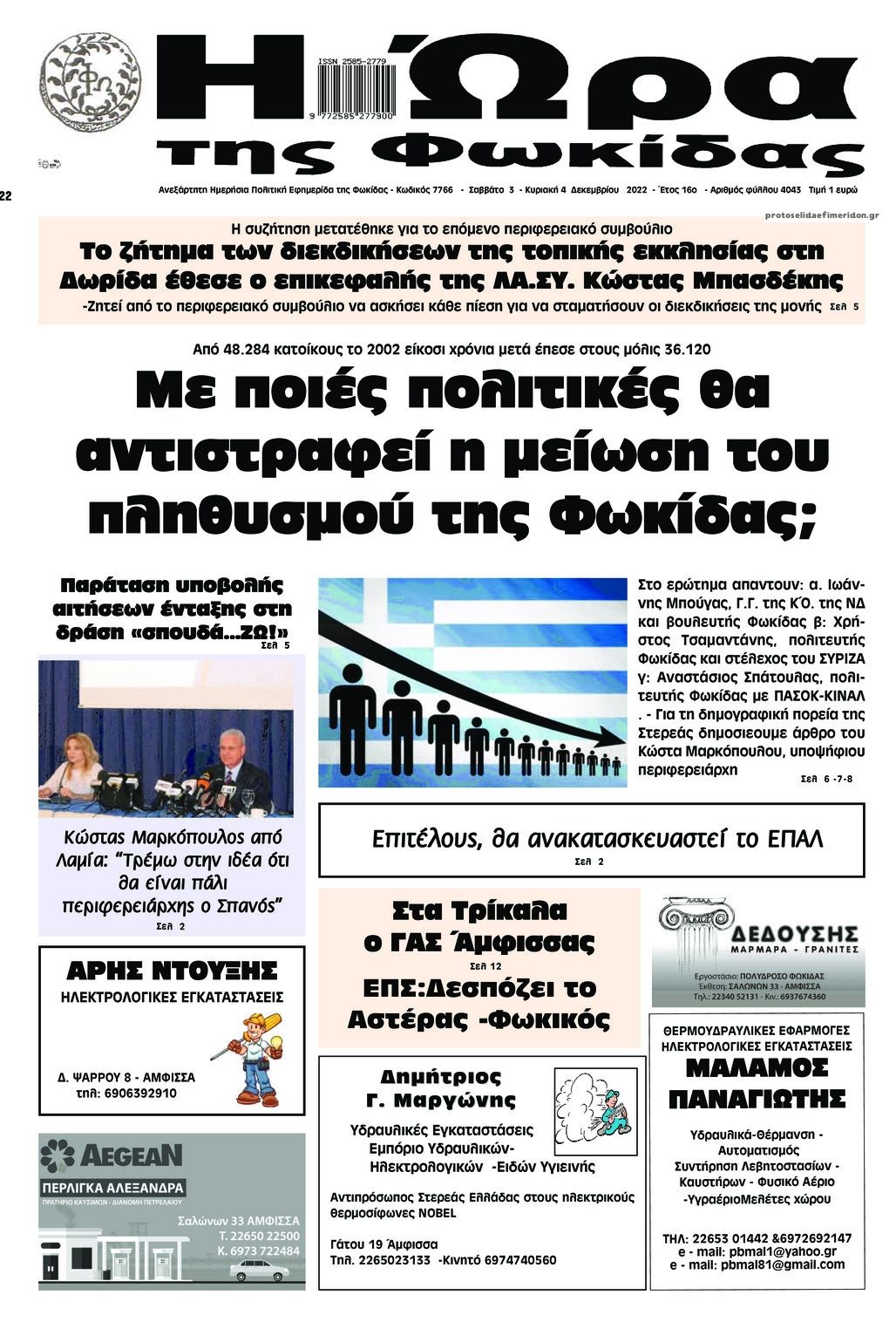 Πρωτοσέλιδο εφημερίδας Η Ώρα της Φωκίδας