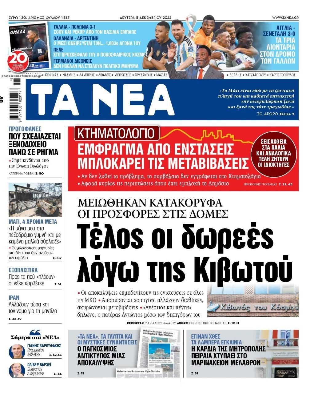 Πρωτοσέλιδο εφημερίδας Τα Νέα