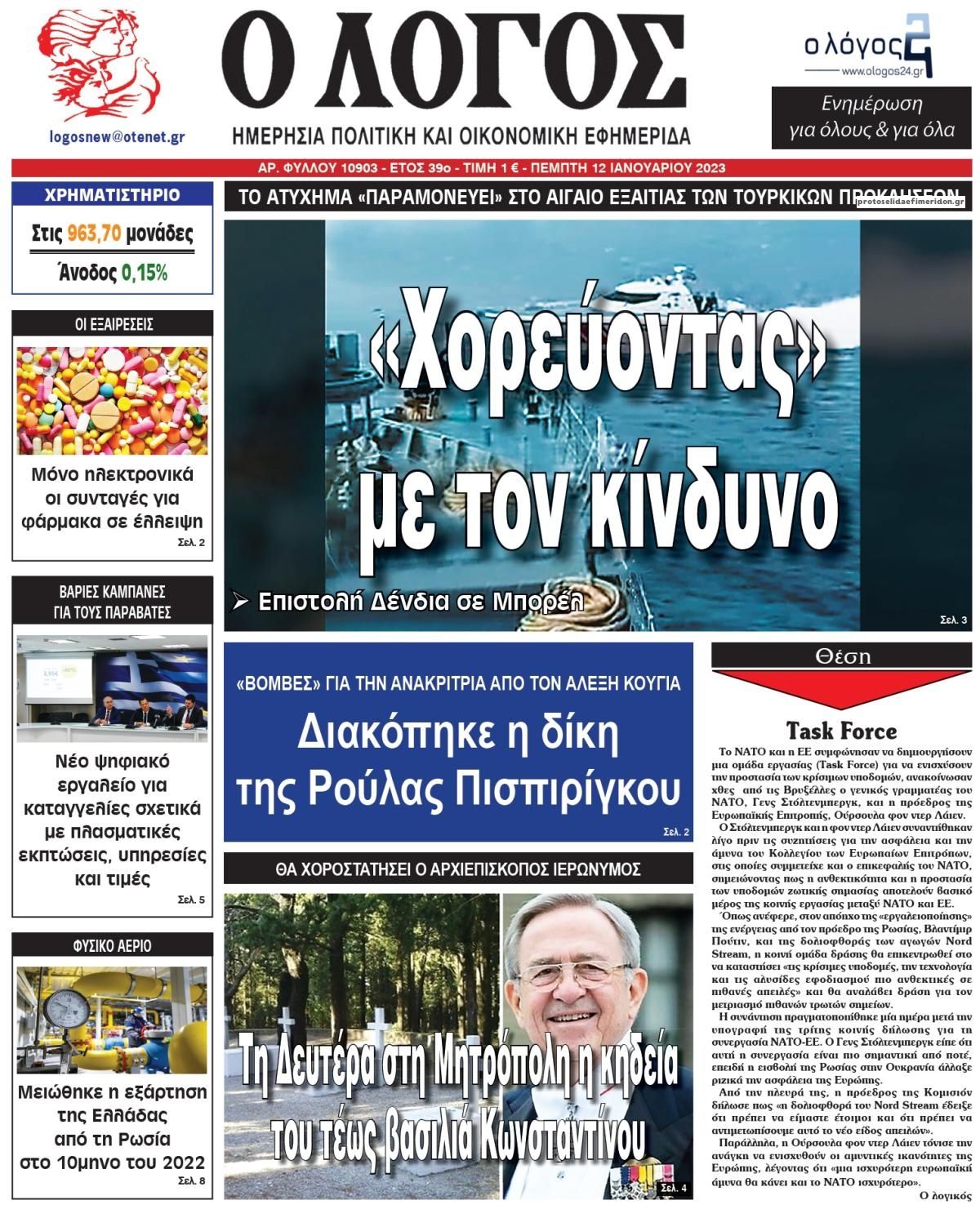 Πρωτοσέλιδο εφημερίδας Λόγος