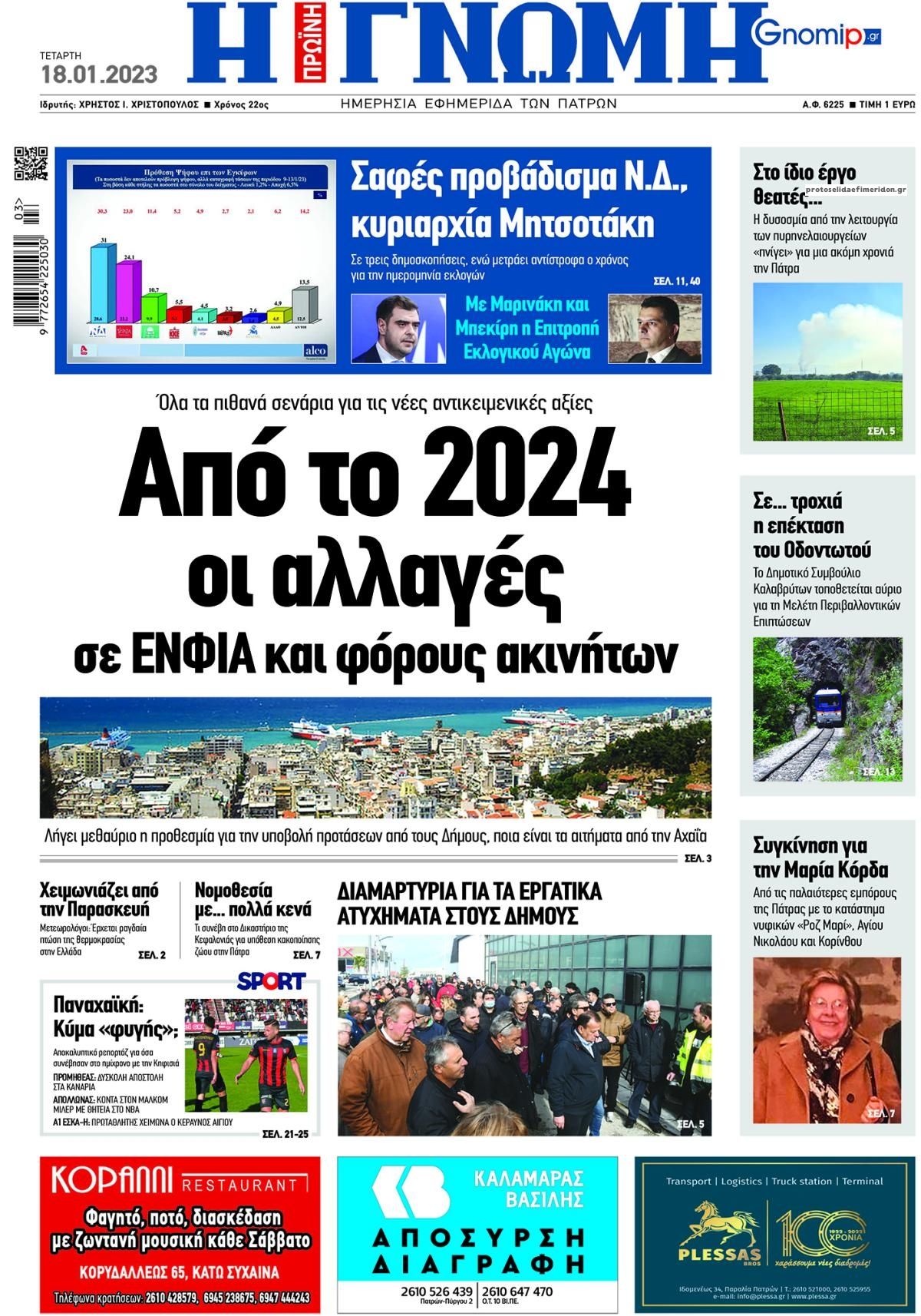 Πρωτοσέλιδο εφημερίδας Γνώμη της Πάτρας