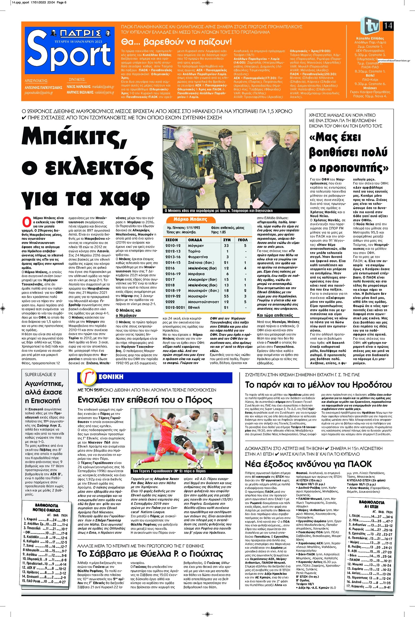 Πρωτοσέλιδο εφημερίδας Πατρίς Σπορ