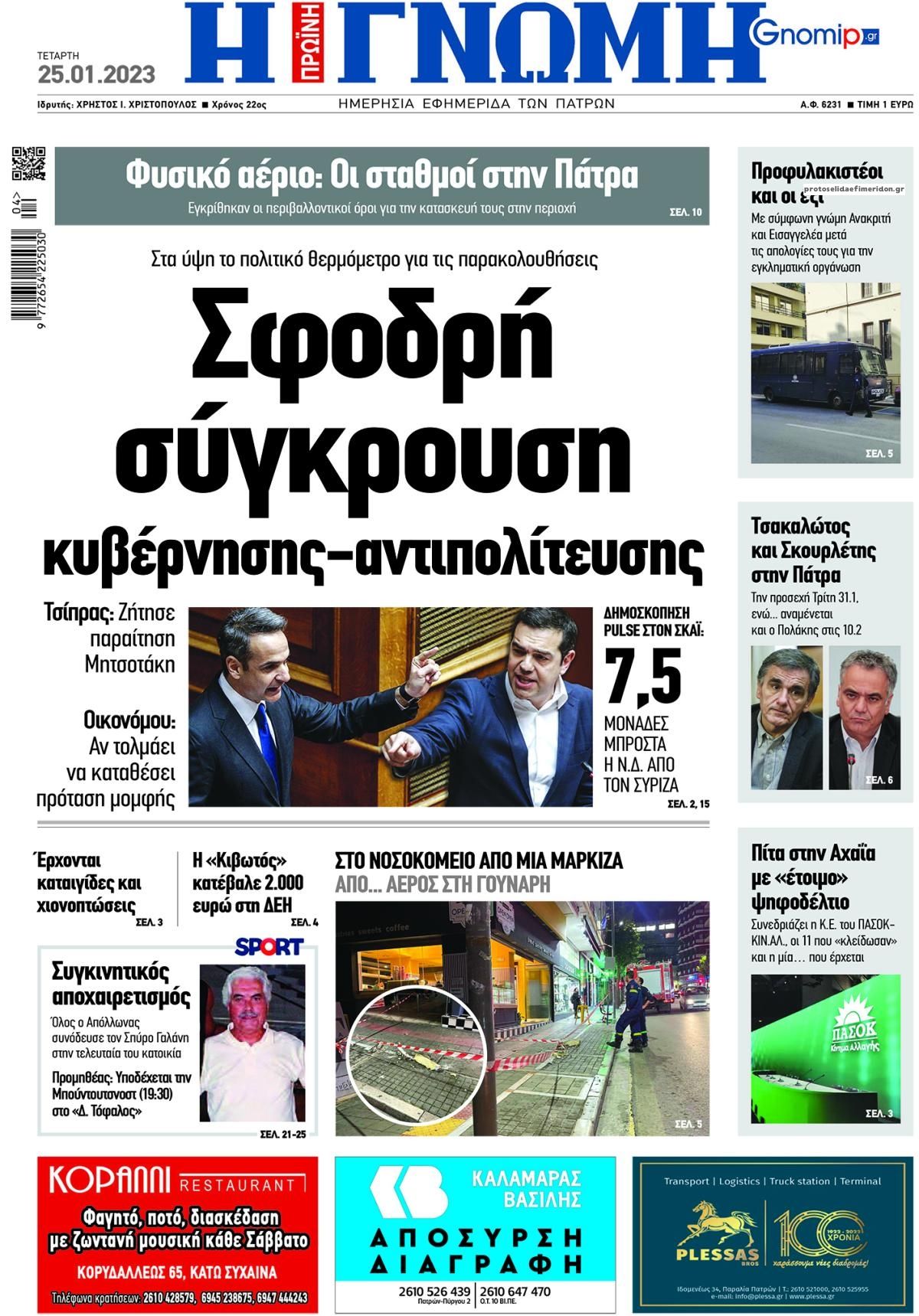 Πρωτοσέλιδο εφημερίδας Γνώμη της Πάτρας