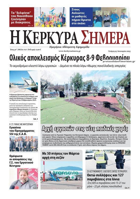 Πρωτοσέλιδο εφημερίδας Η Κέρκυρα Σήμερα