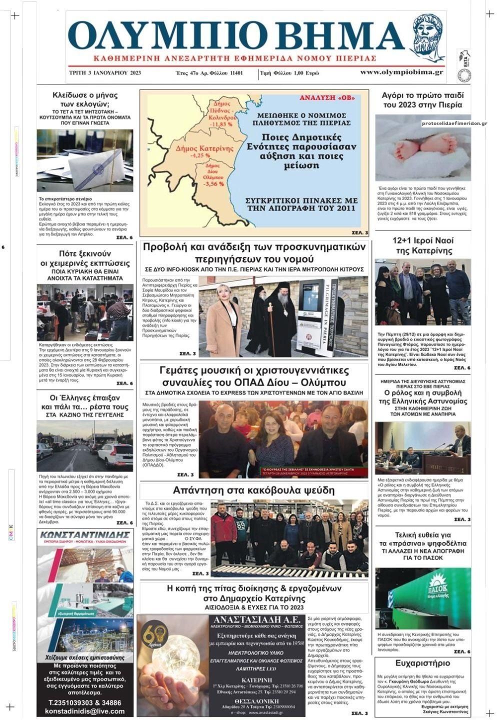Πρωτοσέλιδο εφημερίδας Ολύμπιο Βήμα