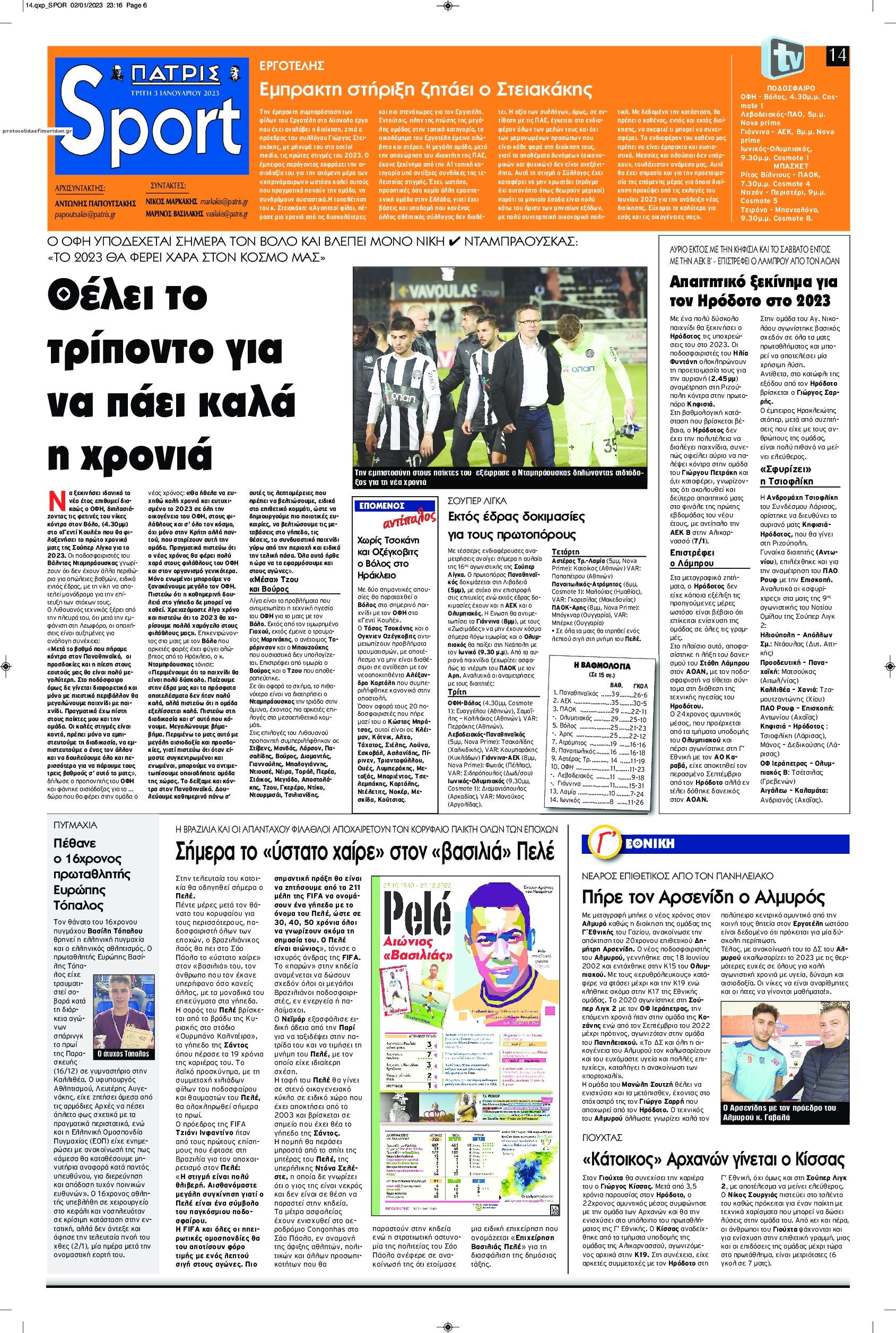 Πρωτοσέλιδο εφημερίδας Πατρίς Σπορ