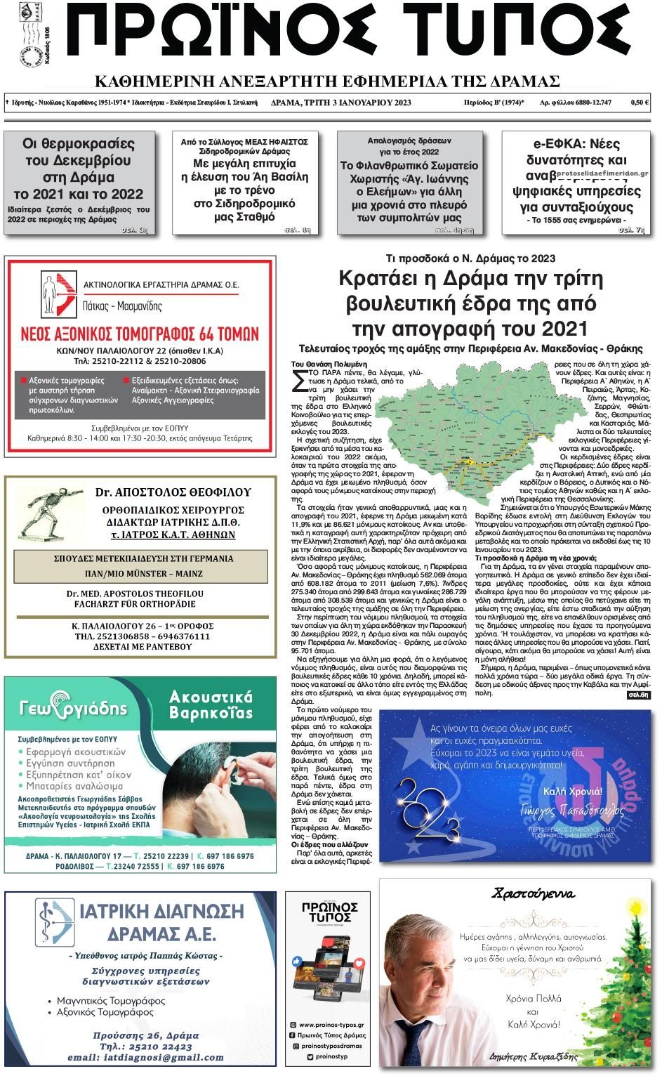 Πρωτοσέλιδο εφημερίδας Πρωινός Τύπος Δρ.