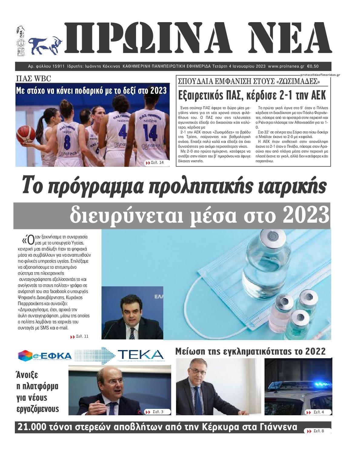 Πρωτοσέλιδο εφημερίδας Πρωινά Νέα Ιωαννίνων