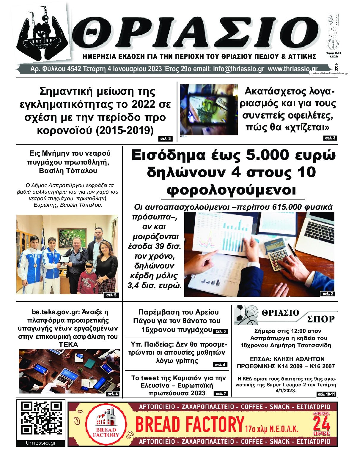 Πρωτοσέλιδο εφημερίδας Θριάσιο