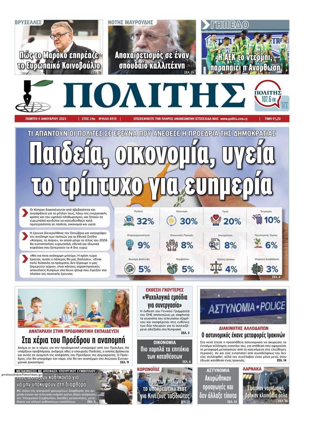 Πρωτοσέλιδο εφημερίδας Πολίτης Κύπρου