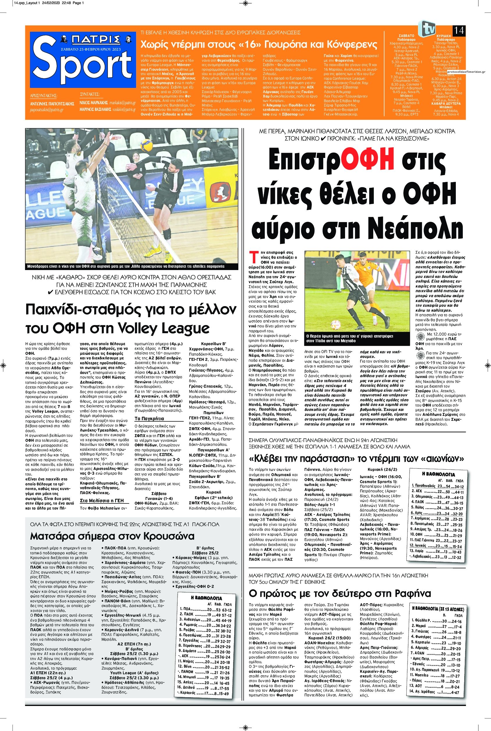 Πρωτοσέλιδο εφημερίδας Πατρίς Σπορ