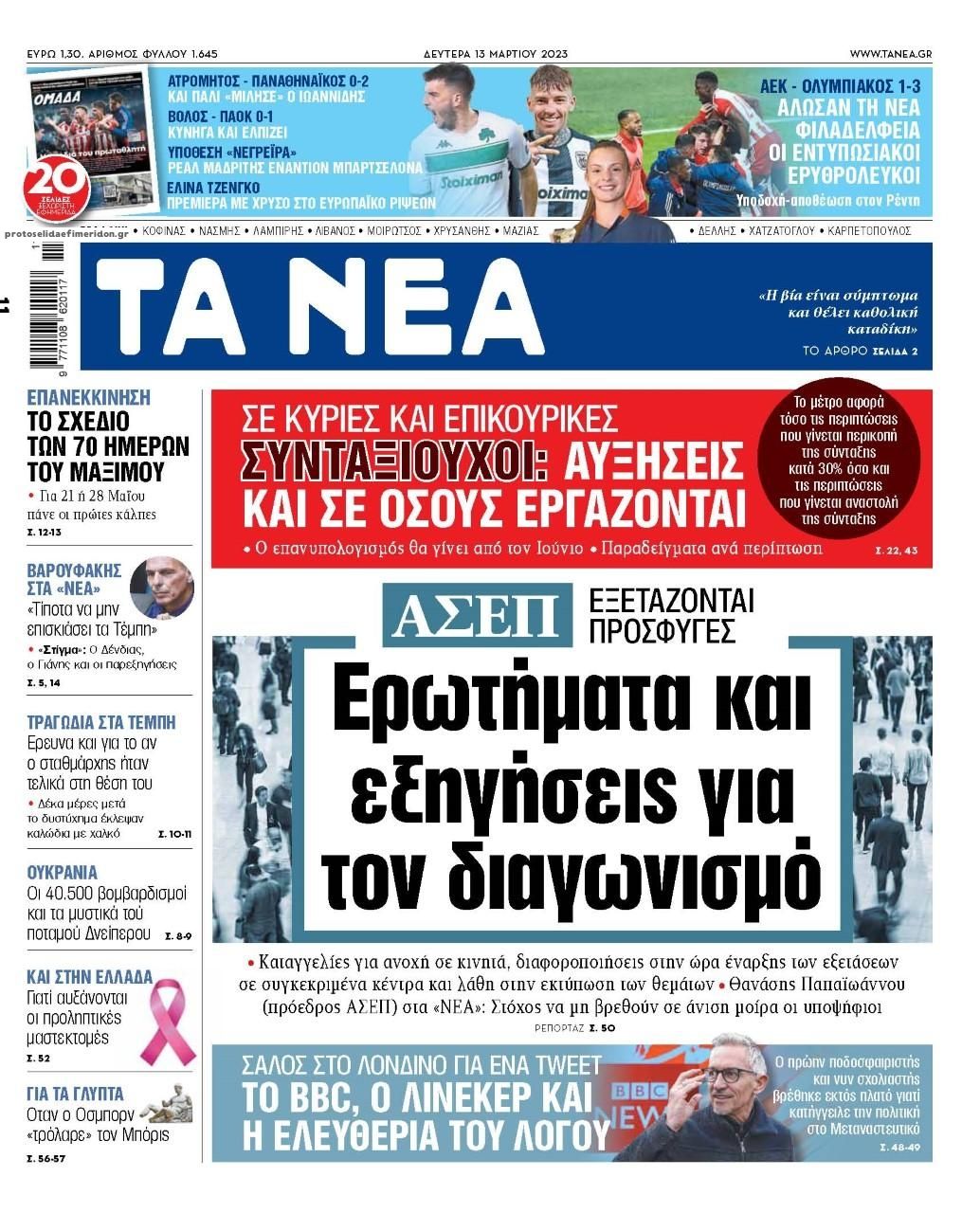 Πρωτοσέλιδο εφημερίδας Τα Νέα